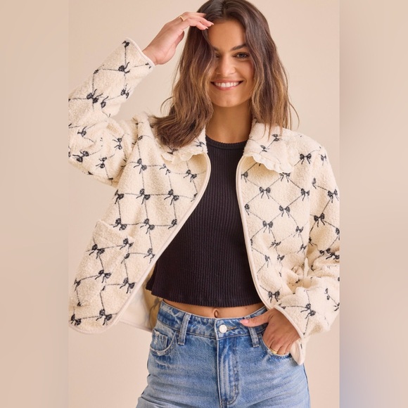 Altar'd State Jackets & Blazers - Altar'd State Cream Teddy Jacket with Black Bow Motif